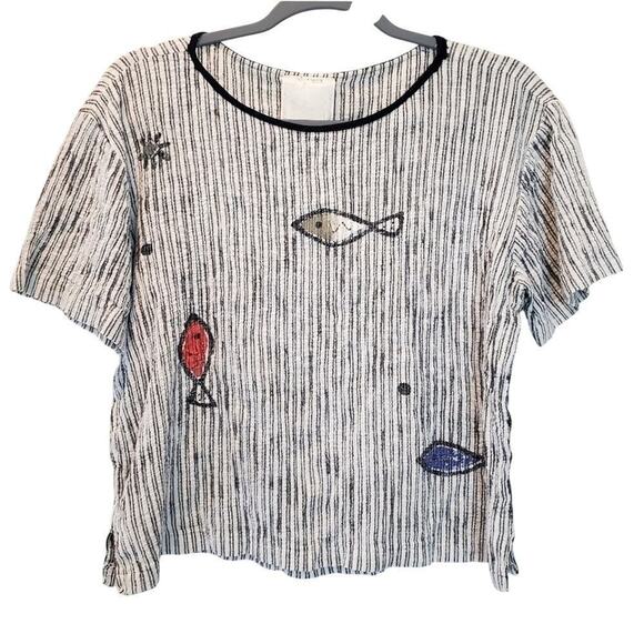 Alegre Hand Painted Fish Nautical Cape Stripe Artsy Cropped Top Size Medium‎ - Picture 1 of 9